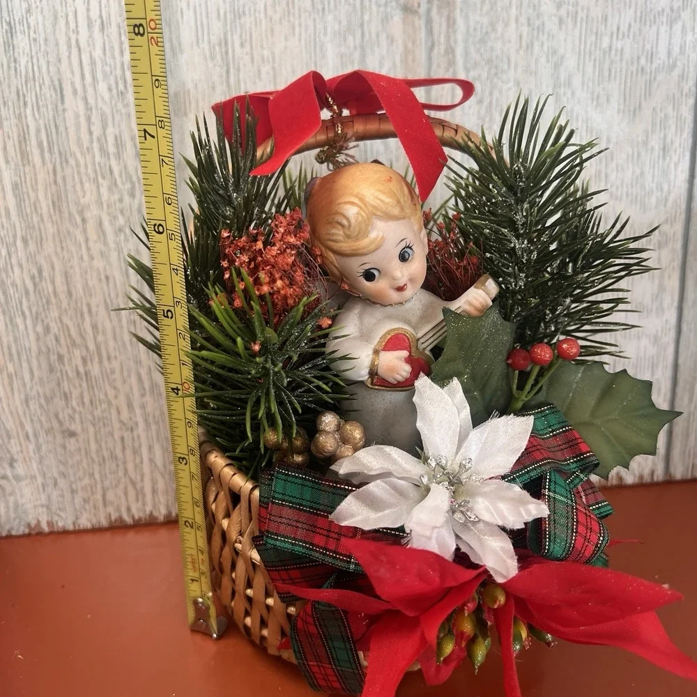Vintage Kitschy Christmas Lefton boy‎ heart guitar 60's poinsettia greenery